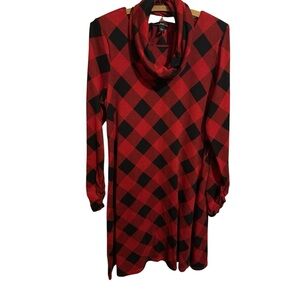 R & K red black long sleeve tunic dress cowl set holiday buffalo plaid large